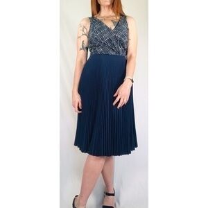 Eva Franco Navy Safety Pin Print Pleated Skirt Sleeveless Midi Dress